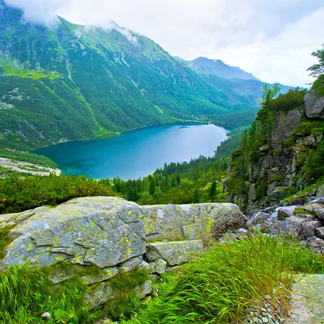 Et billede af et landskab med bjerge og en sø i det fjerne.